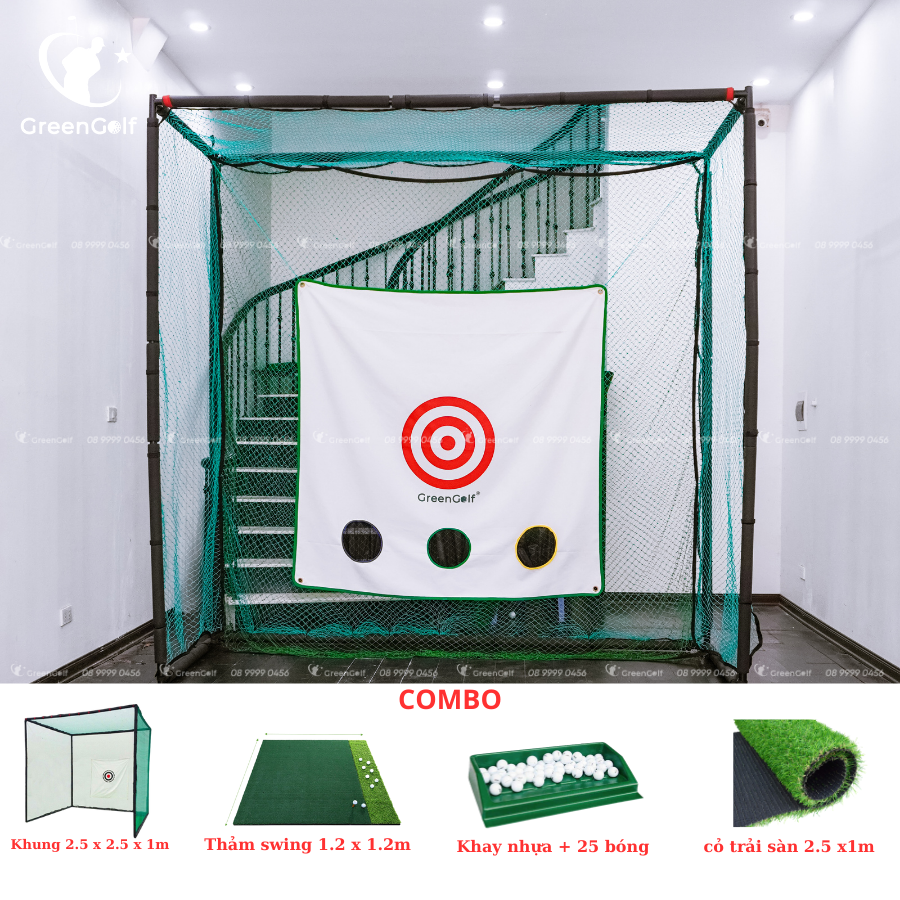 Combo khung tập golf kích thước 2.5 x 2.5 x1 + thảm swing 1.2 x 1.2m + thảm cỏ trải sàn 2.5 x1m + khay đựng bóng nhựa kèm 25 bóng - CBKL7