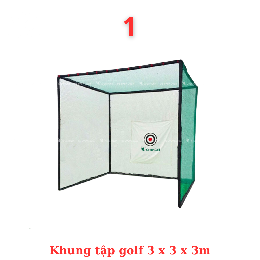 Combo Khung 3x3x3 + máy nhả bóng thảm put 1.5mx3m viền dày + thảm swing 1.5x1.5 + cỏ nhân tạo 3mx3m + giỏ chip xanh + 25 bóng  - CBKL16