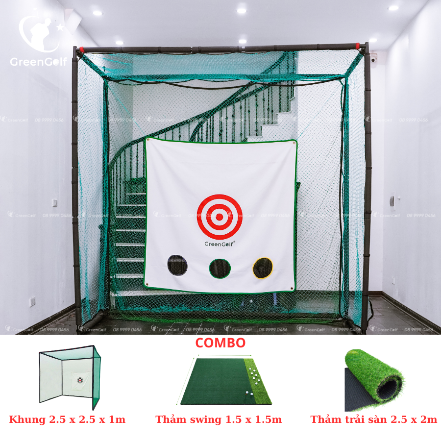 Combo Khung Tập Golf KT 2.5*2.5*1m + Thảm Tập Golf Swing 1.5mx1.5m + Thảm Cỏ Trải Sàn 2.5x1m - CBKL7