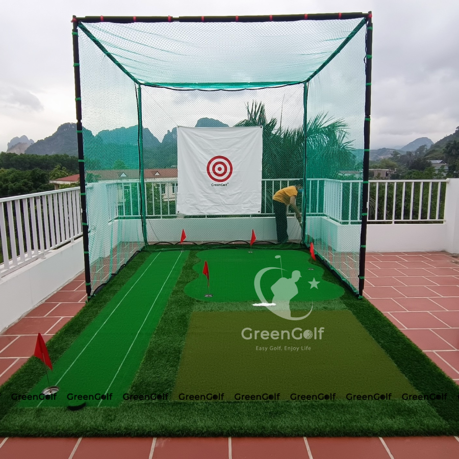 Combo Khung Tập Golf KT 3x3x3m + Thảm Tập Golf 3x5m Ba Chức Năng Swing, Put, Chip Mẫu 3 Khoang