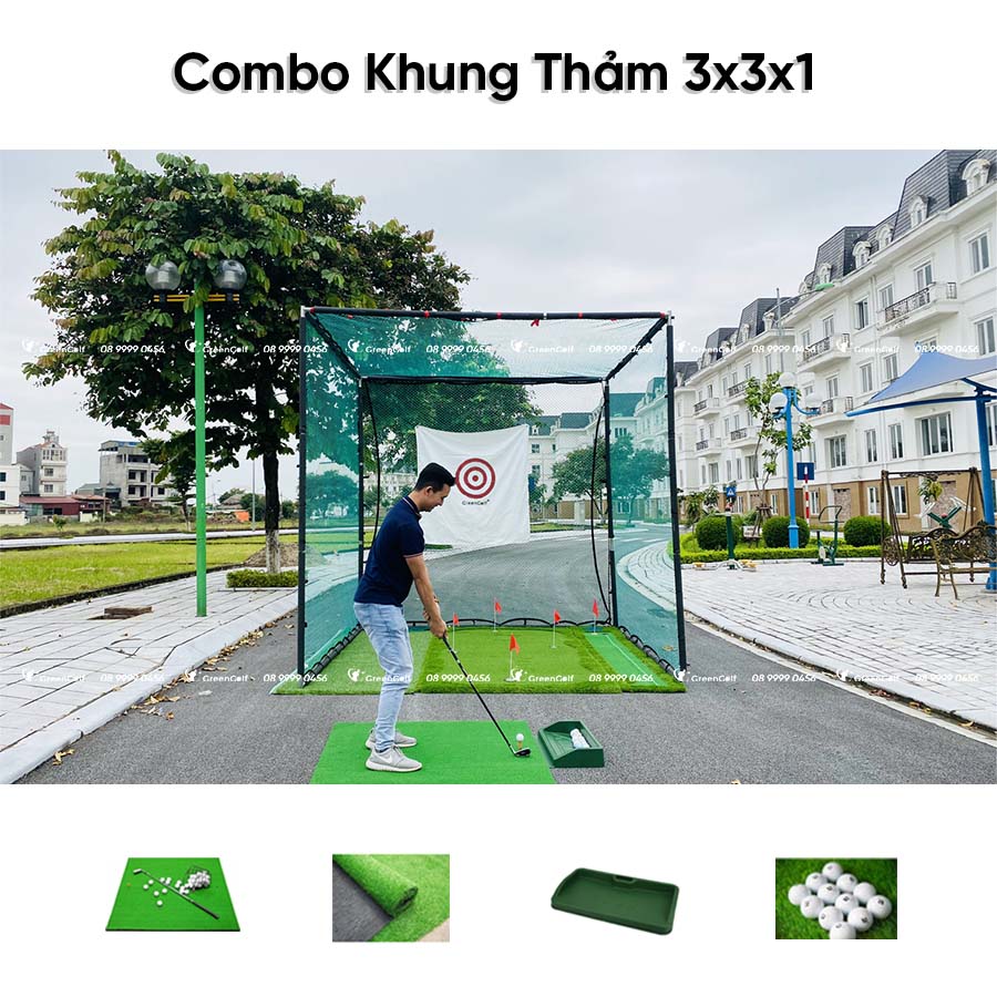 Combo Khung Tập Golf 3x3x1 + Thảm Swing 1.5x1.5 +  Thảm Cỏ 3 x 2m + Khay Đựng Bóng Chất Liệu Nhựa + 25 Bóng Mới - CBKL8.3