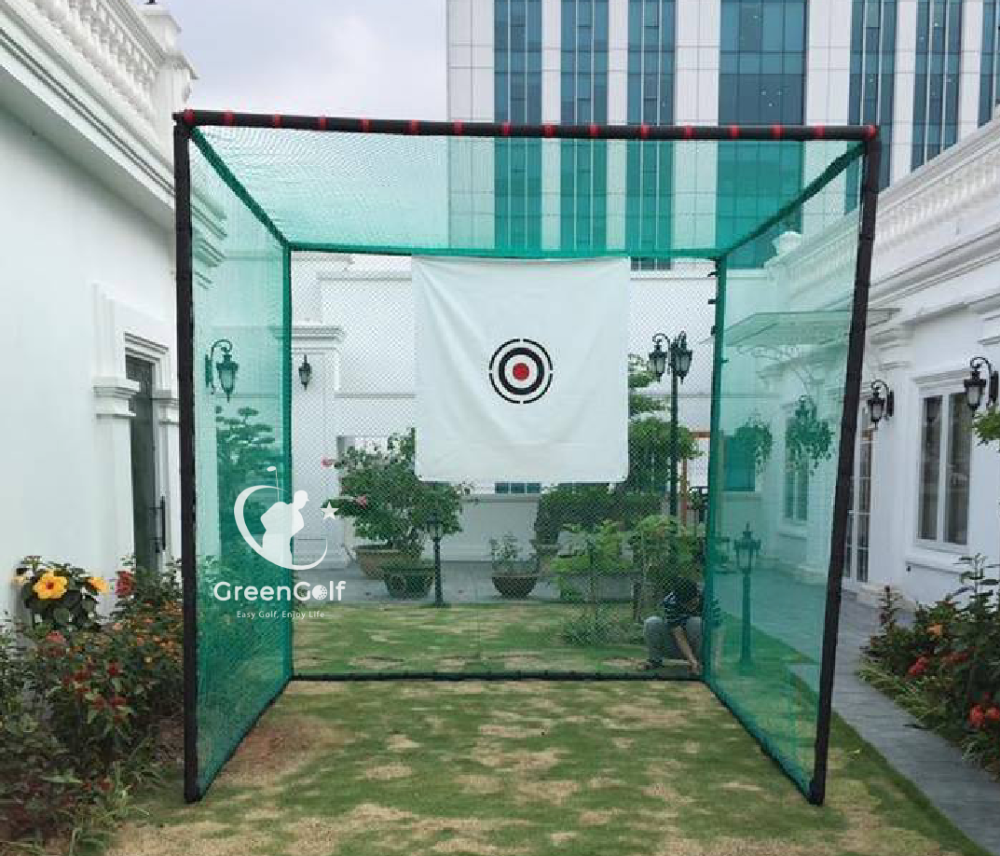 Combo Khung 3x3x3 + máy nhả bóng thảm put 1.5mx3m viền dày + thảm swing 1.5x1.5 + cỏ nhân tạo 3mx3m + giỏ chip xanh + 25 bóng  - CBKL16