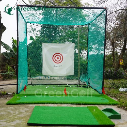 Combo Khung Tập Golf 3x3x3 + Thảm Swing 1.5x1.5 +  Thảm Cỏ Nhân Tạo 3x3m + Thảm putt 1.5m x 3m +  Khay Nhựa + Giỏ Chip Xanh + 25 Bóng Mới - CBKL125