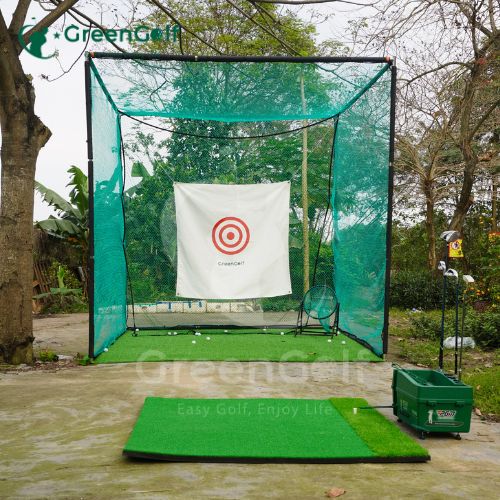 Combo Khung Tập Golf 3x3x3 +  Máy Nhả Bóng Tự Động + Thảm Swing 1.5x1.5 +  Thảm Cỏ Nhân Tạo 3x3m + Giỏ Chip Xanh + 25 Bóng Mới - CBKL12.6