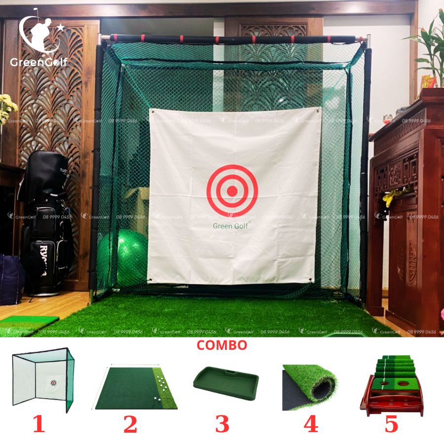 Combo khung tập golf 2x2x0.5 + thảm swing 1.2x1.2 + thảm put gỗ + khay cao su + thảm cỏ trải sàn 2mx1 - CBKL6.5